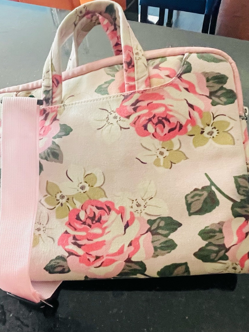 Floral Canvas Tote Bag with Pink Strap